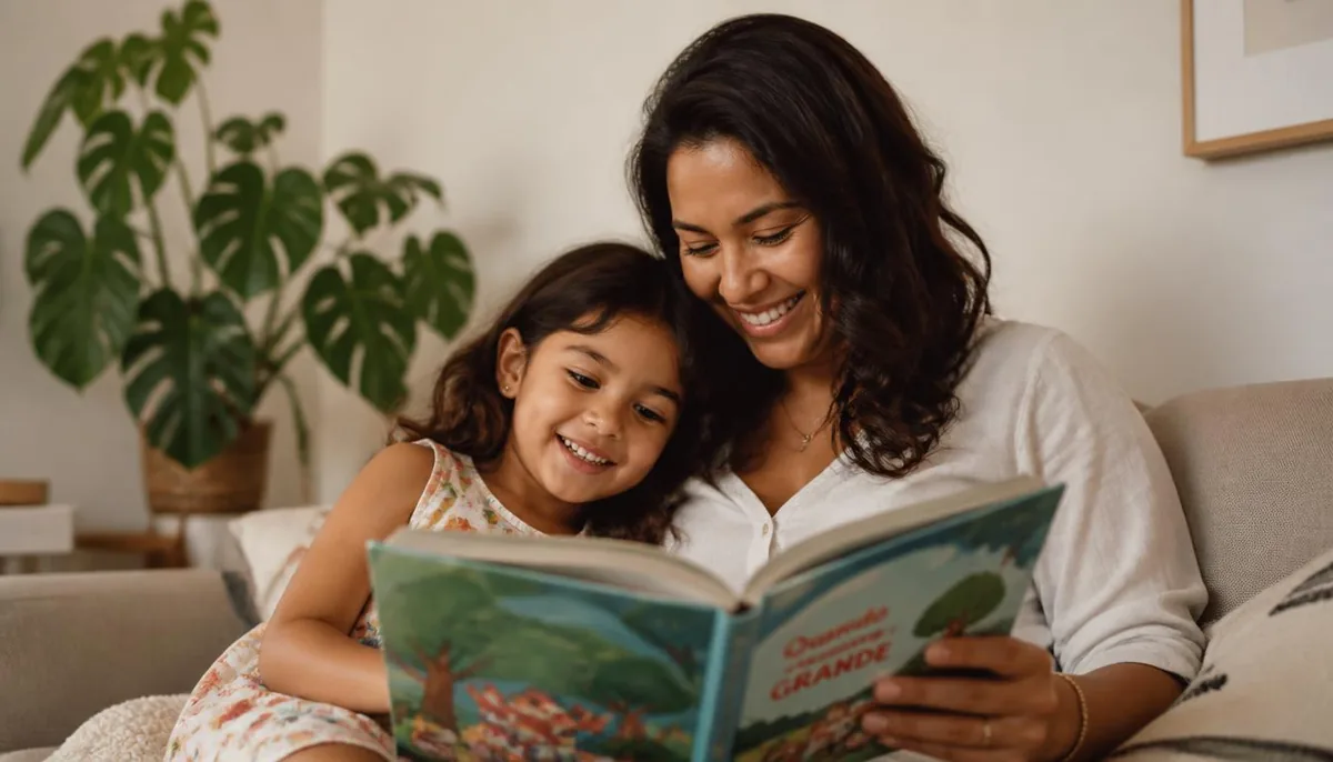 Mãe e filha lendo um livro juntas em casa